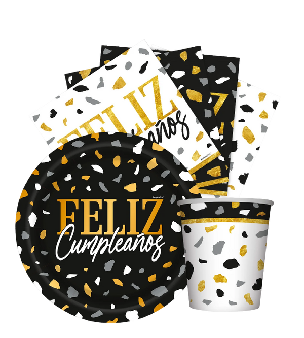 Feliz Cumpleaños Terrazo Negro-Dorado